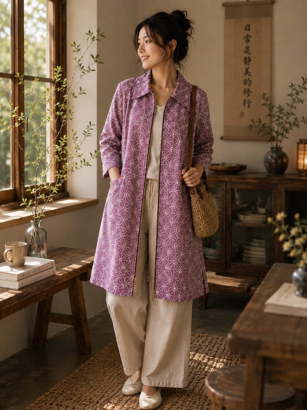 Vintage Indonesian Batik Zip Front Duster Jacket Purple White Cotton One Size